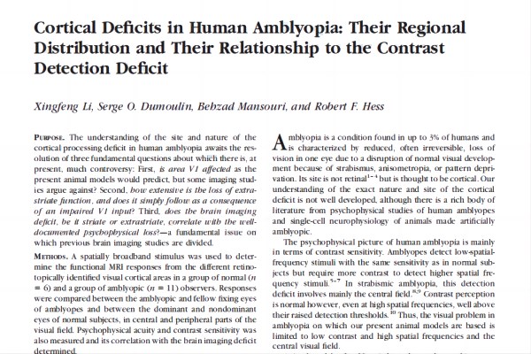 大脑视觉皮层功能缺损与弱视相关的新见解——国际论文解析